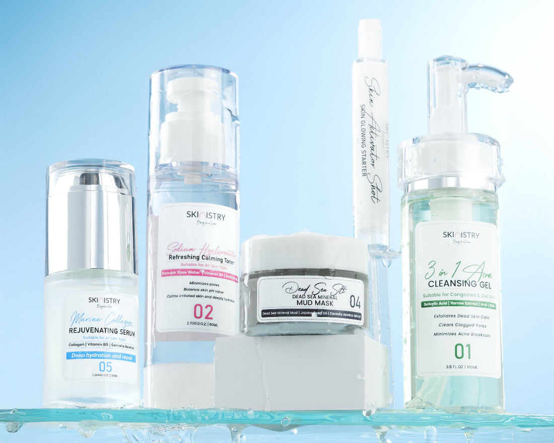 Collection of skincare products on a blue background