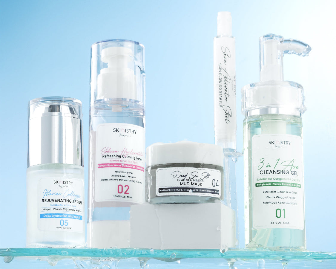 Collection of skincare products on a blue background